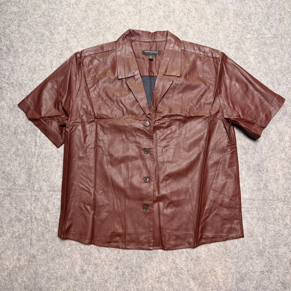 Banana Republic Womens M Faux Leather Shirt Burgundy Brown Short Sleeve Collar